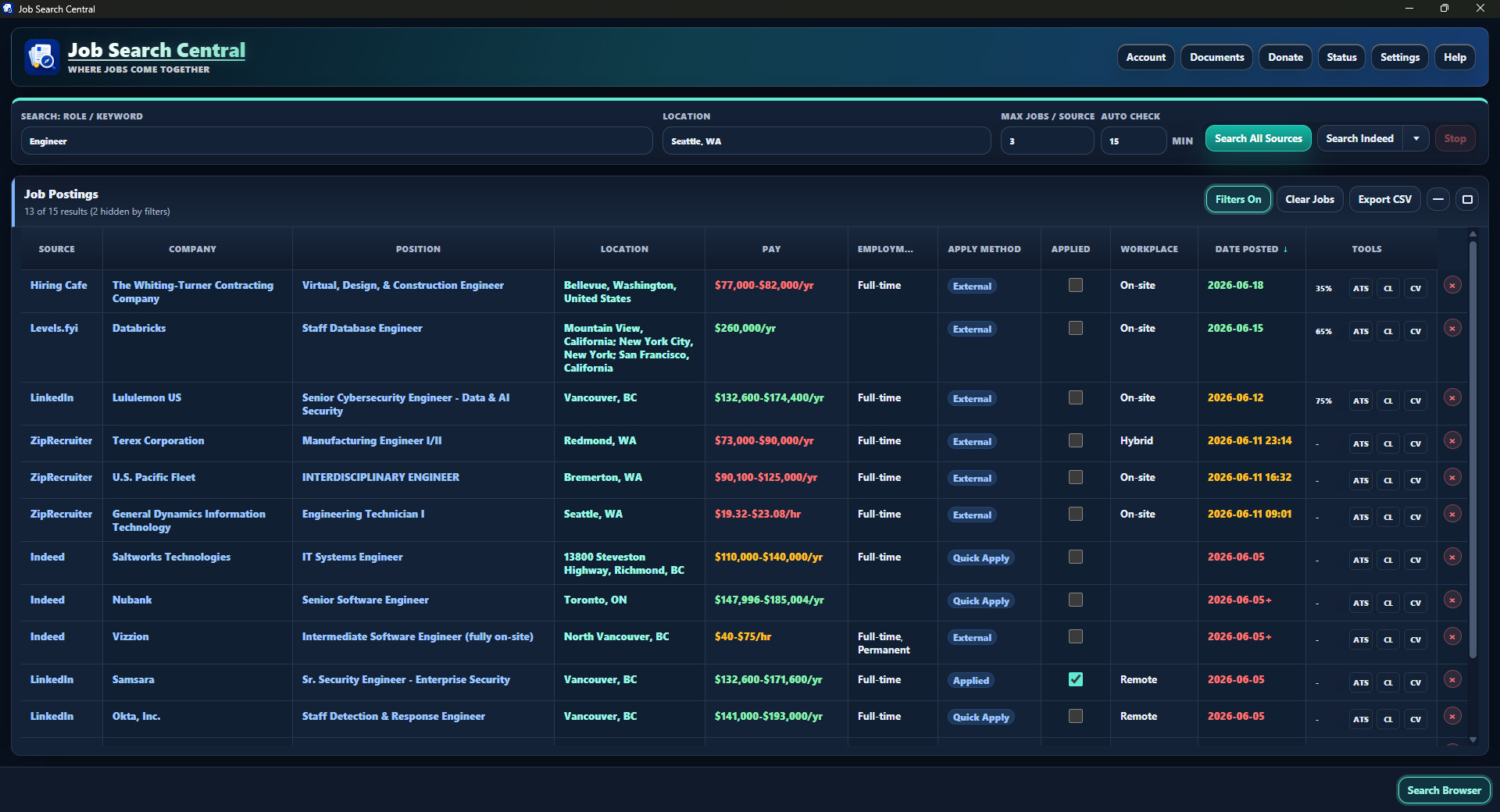 Job Search Central showing job results from multiple sources in a unified table