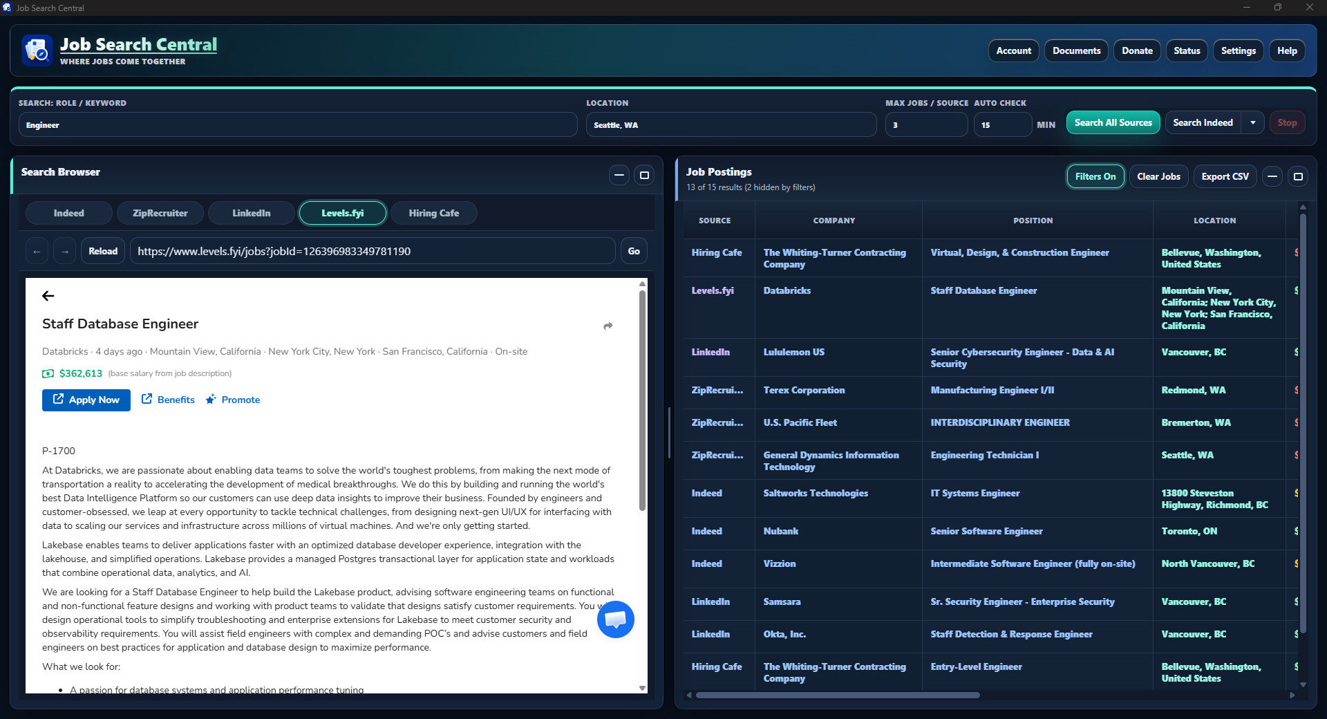 Job Search Central search workspace with role and location controls