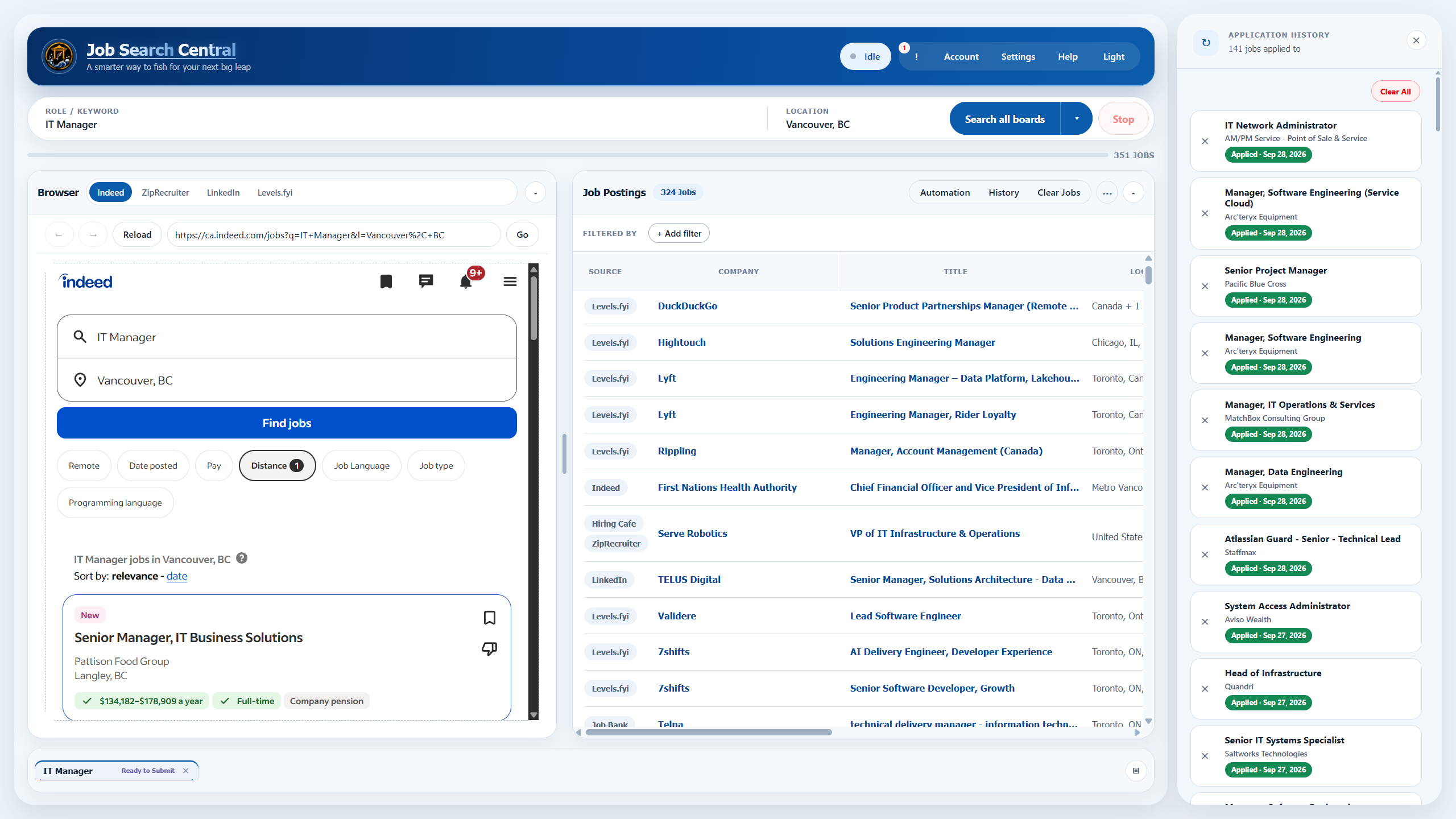 Job Search Central search workspace with role and location controls
