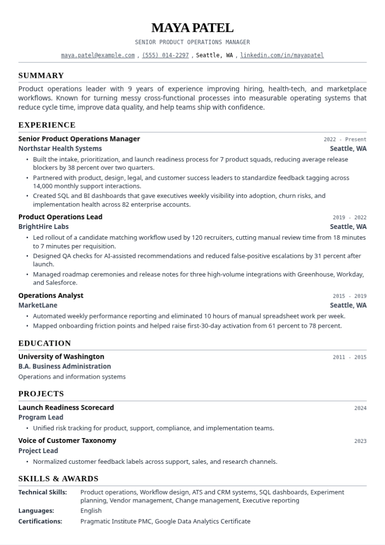 Single Column resume template preview